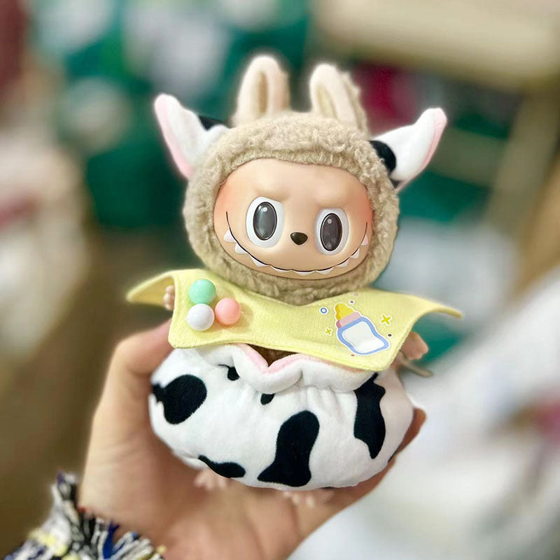 [Clothes only] 17cm bag hanging Labubu blind box Macaron Labubu cow set plush doll