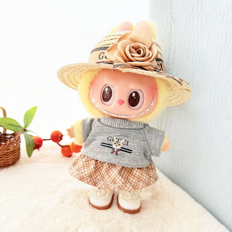 [Clothes only] 17cm pendant, rabub clothes, cat T camellia straw hat set, labubu doll clothes.