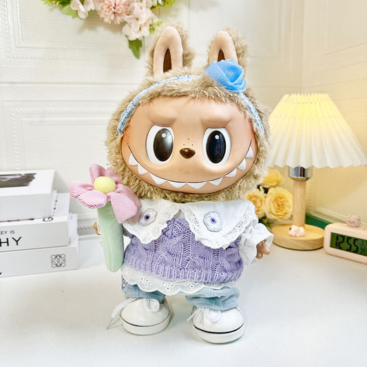 38Cm Labubu plush doll clothes for Labubu doll clothes spring purple sweater flower set