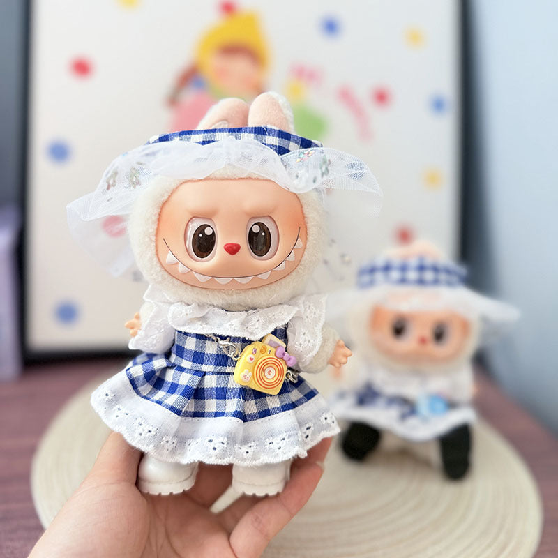 Clothes only] First and second generation Labubu clothes pendant Labubu cloth sitting baby clothes blue grid small pastoral skirt suit women
