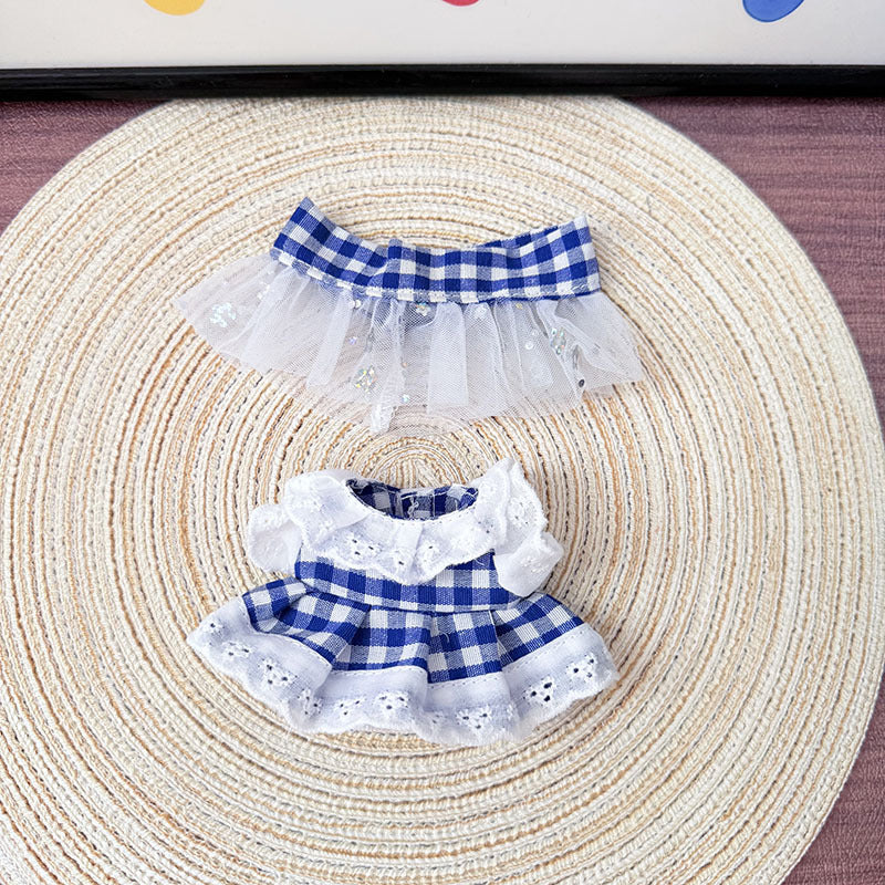 Clothes only] First and second generation Labubu clothes pendant Labubu cloth sitting baby clothes blue grid small pastoral skirt suit women