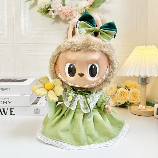 38Cm Labubu plush doll clothes for Labubu doll clothes spring green dress + flower set