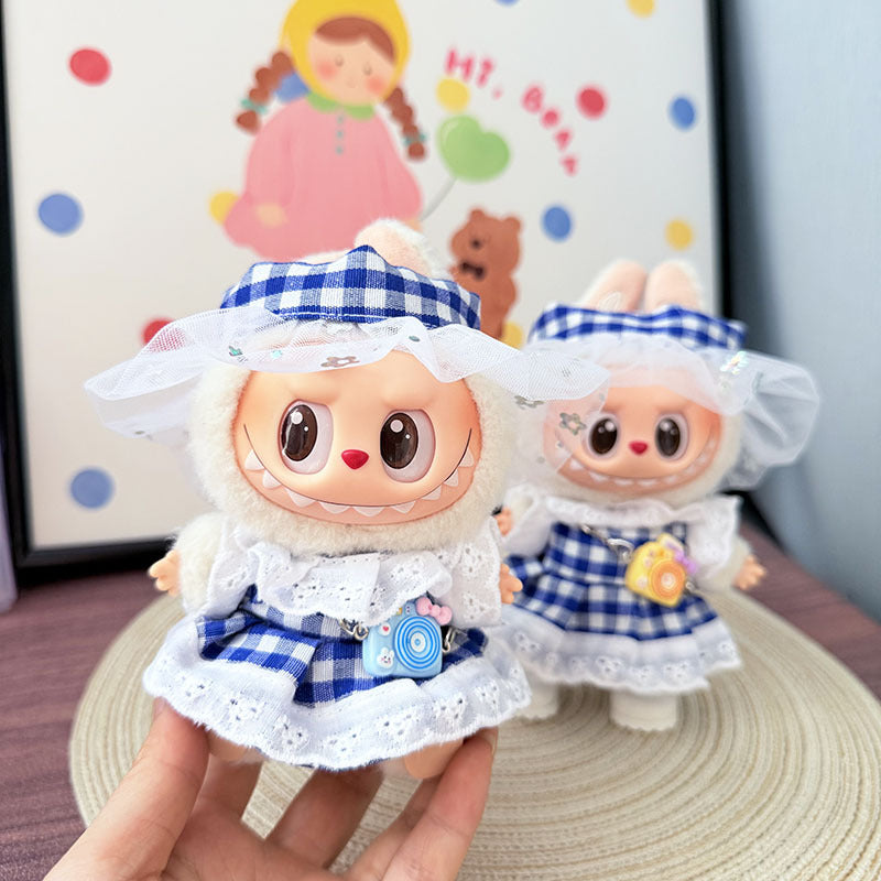 Clothes only] First and second generation Labubu clothes pendant Labubu cloth sitting baby clothes blue grid small pastoral skirt suit women