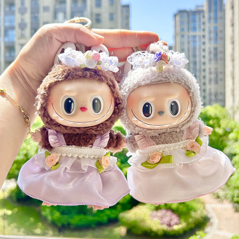 [Clothes only] 17cm pendant Labubu dress with double flower pearl strap skirt set labubu baby clothes.