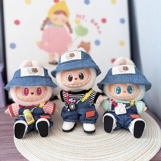 The first, second and third generation keychain Labubu clothes pendant Labubu baby clothes colored denim strap set is cute.