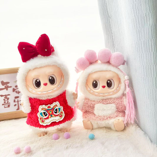 [Clothes only] First and second generation Labubu clothes pendant Labubu sitting baby clothes New Year pink lion hairpin set
