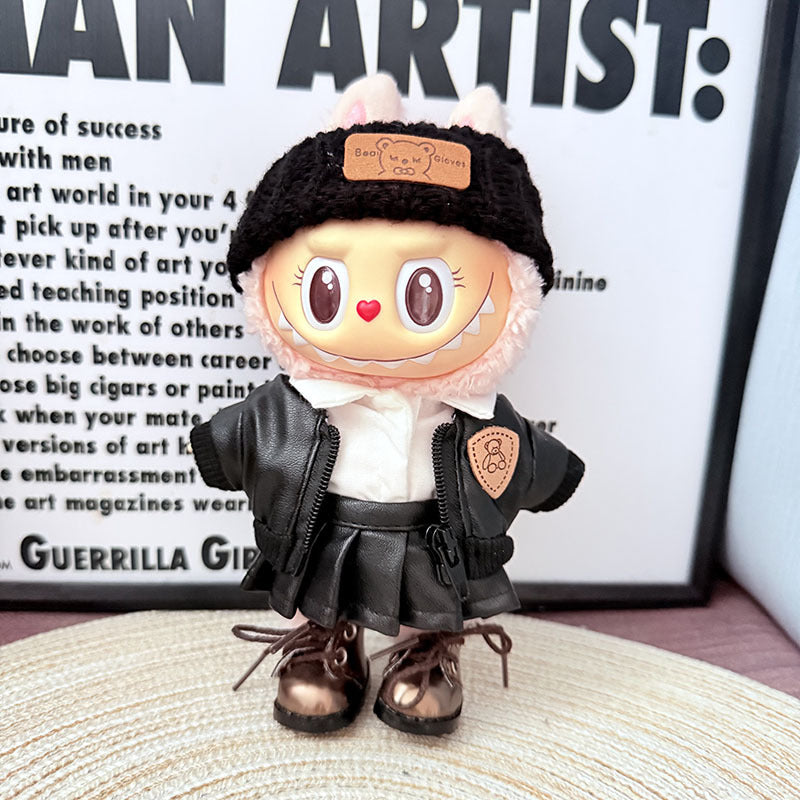 [Clothes only] 17cm Labubuwa clothes LABUBU blind box sitting party one two three generation bear brand black leather jacket