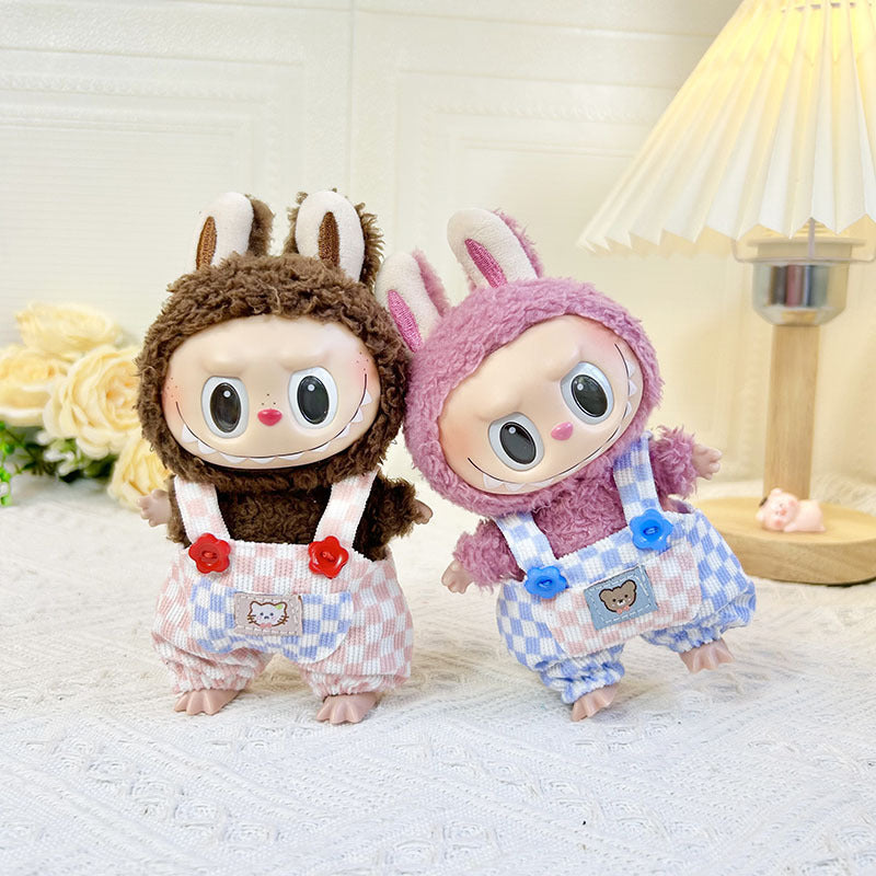 [Clothes only] 17cm blind box Labubu baby clothes keychain Labubu doll clothes pink and white plaid overalls cute