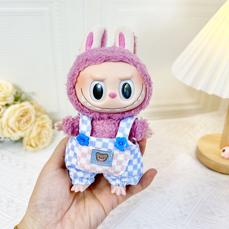[Clothes only] 17cm blind box Labubu baby clothes keychain Labubu doll clothes pink and white plaid overalls cute