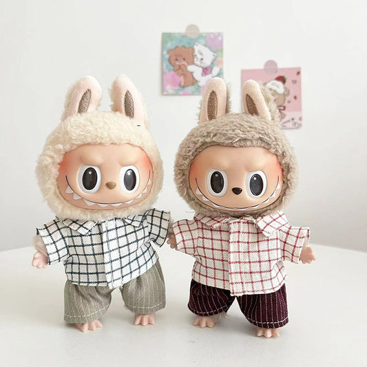 15Cm blind box rabub casual plaid overalls suit macaron labubu pendant doll plaid suit