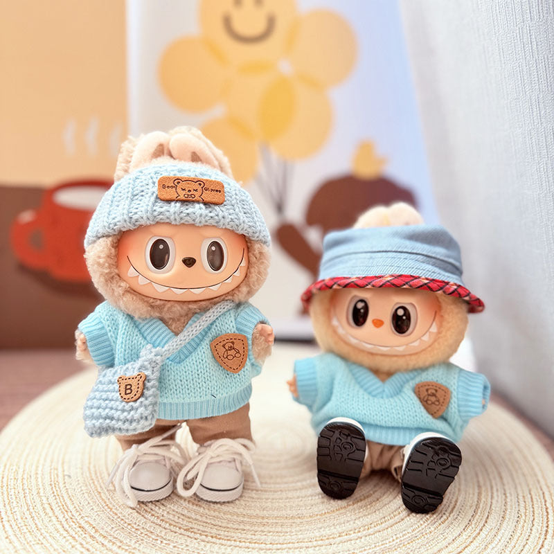 [Clothes only] One, two and three generations Labubu clothes pendant Labubu sitting baby clothes sky blue bear sweater set