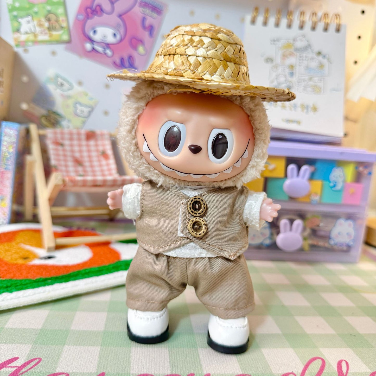 [Clothes only] 17cm Rab cloth pendant labubu keychain baby clothes pendant pastoral khaki four-piece set