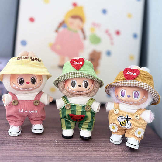 The first, second and third generation keychain Labubu clothes pendant Labubu baby clothes summer watermelon overalls set is cute