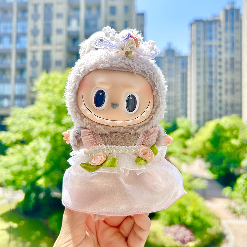 [Clothes only] 17cm pendant Labubu dress with double flower pearl strap skirt set labubu baby clothes.