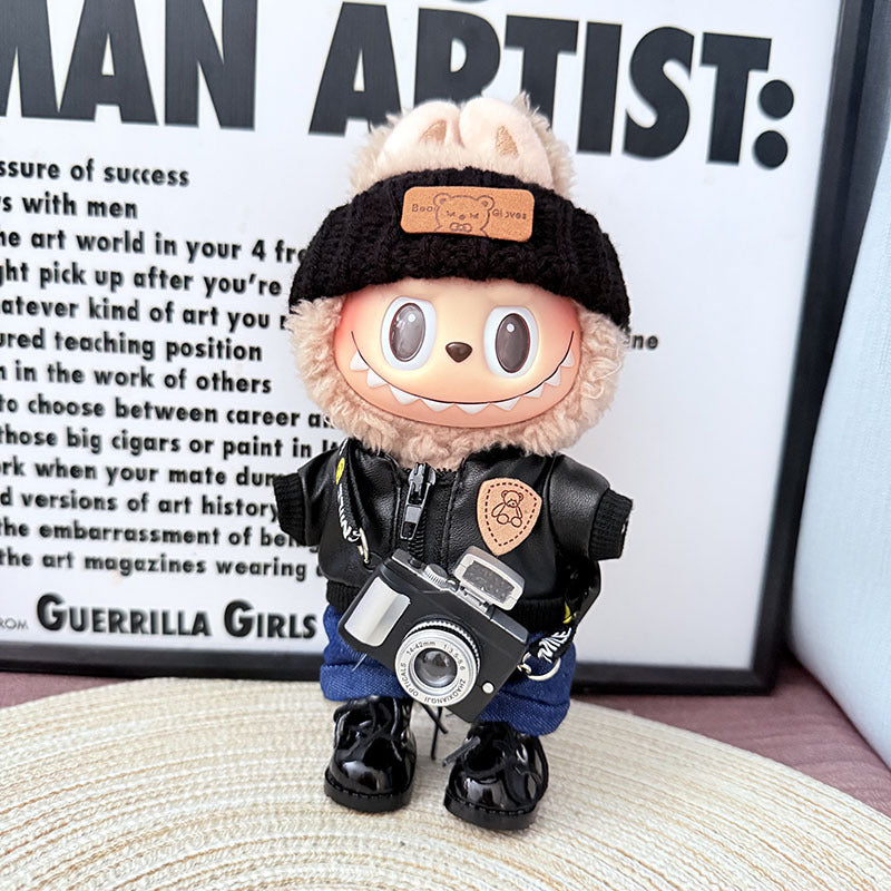 [Clothes only] 17cm Labubuwa clothes LABUBU blind box sitting party one two three generation bear brand black leather jacket