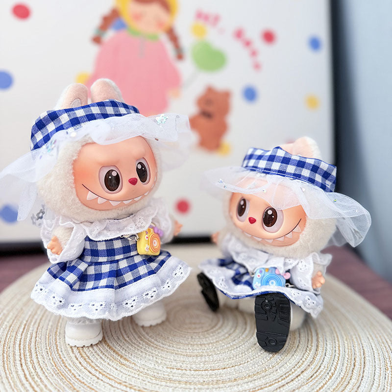 Clothes only] First and second generation Labubu clothes pendant Labubu cloth sitting baby clothes blue grid small pastoral skirt suit women
