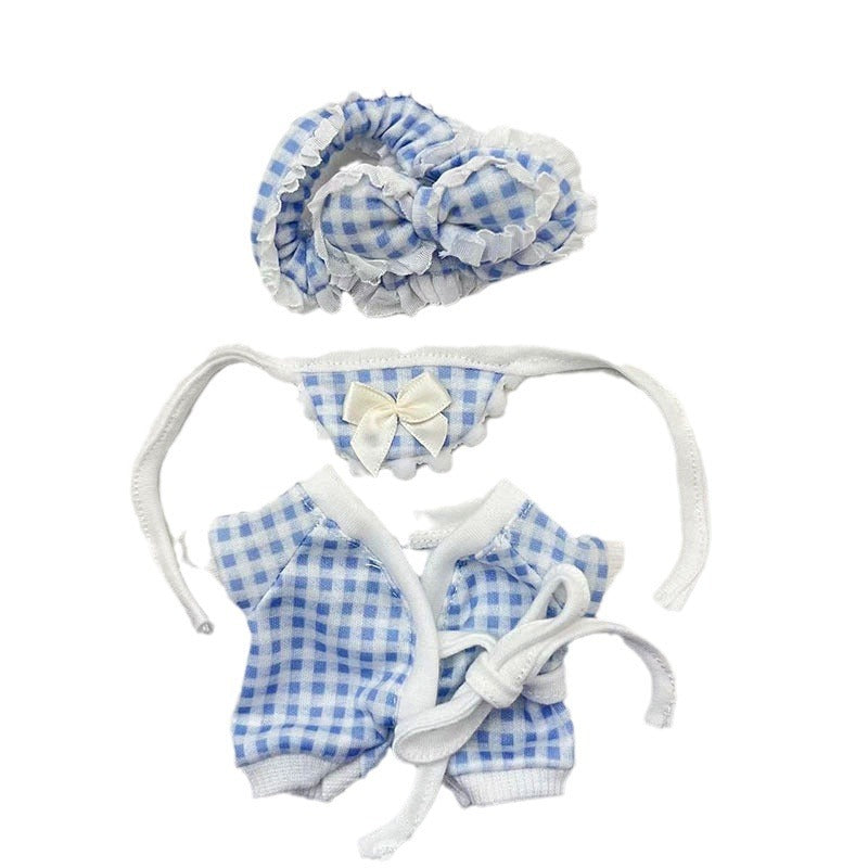[Clothes only] 15cm pendant, blind box, rabub, plaid pajamas, three-piece set, keychain, doll clothes.