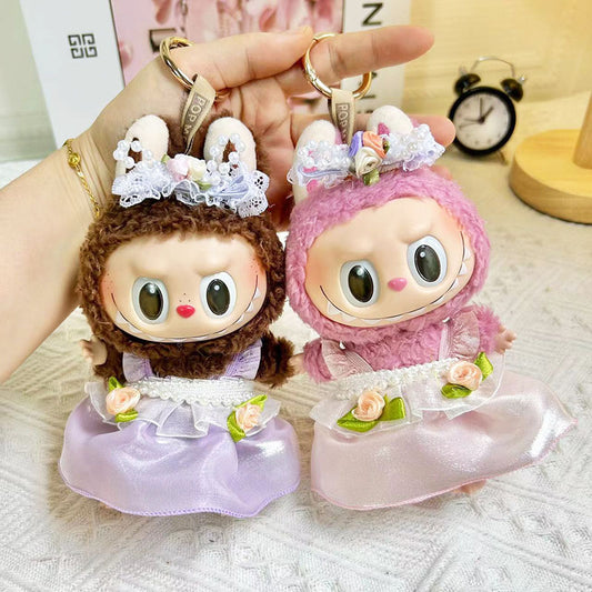 [Clothes only] 17cm pendant Labubu dress with double flower pearl strap skirt set labubu baby clothes.