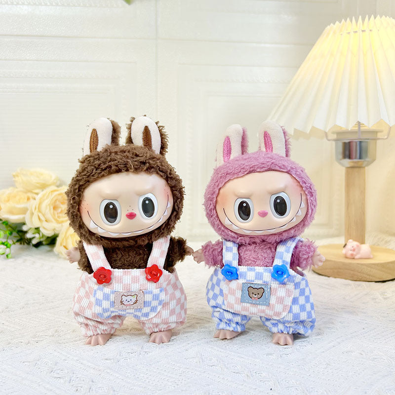 [Clothes only] 17cm blind box Labubu baby clothes keychain Labubu doll clothes pink and white plaid overalls cute