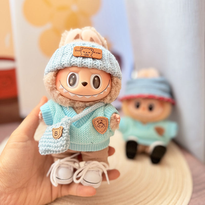 [Clothes only] One, two and three generations Labubu clothes pendant Labubu sitting baby clothes sky blue bear sweater set