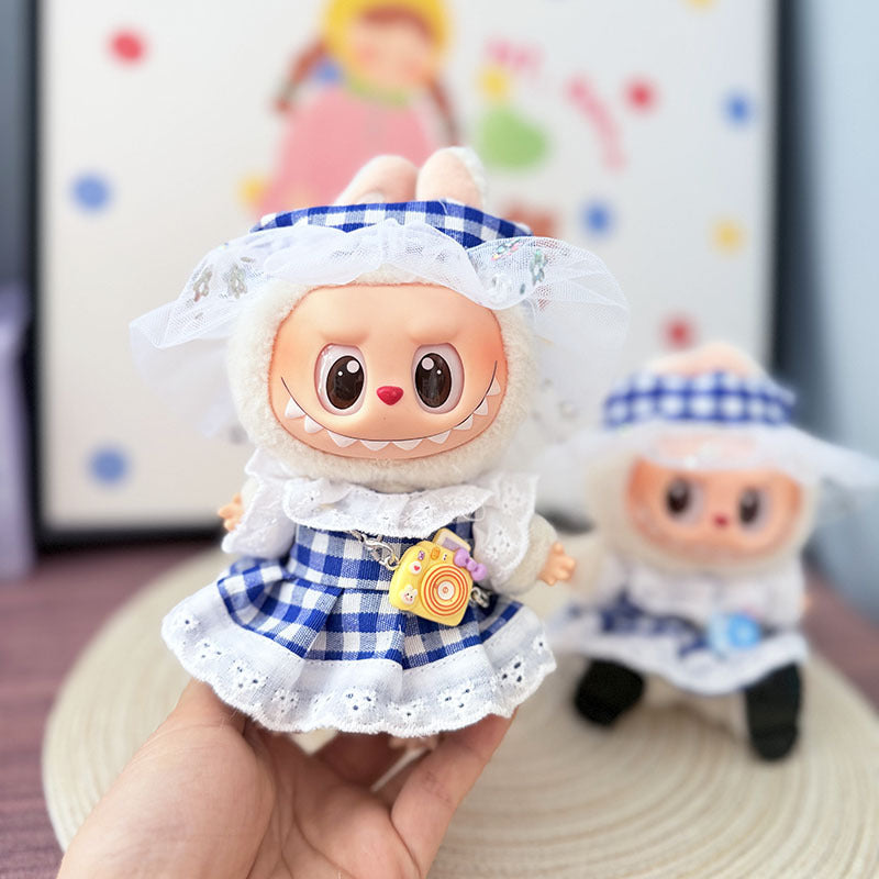 Clothes only] First and second generation Labubu clothes pendant Labubu cloth sitting baby clothes blue grid small pastoral skirt suit women