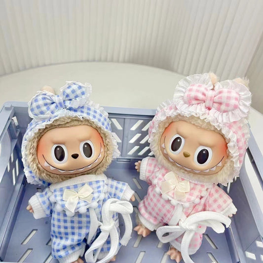 [Clothes only] 15cm pendant, blind box, rabub, plaid pajamas, three-piece set, keychain, doll clothes.