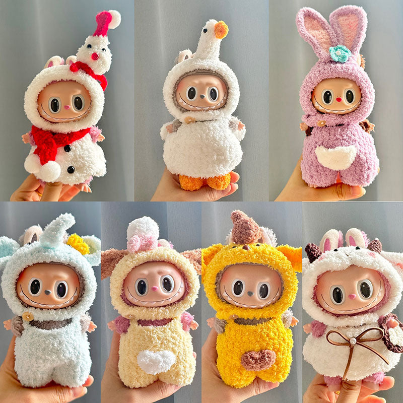 17Cm blind box rabub with pure handmade baby elephant purple rabbit overalls set labubu pendant baby clothes cute