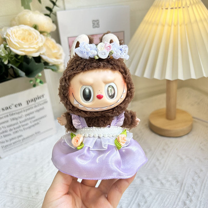 [Clothes only] 17cm pendant Labubu dress with double flower pearl strap skirt set labubu baby clothes.