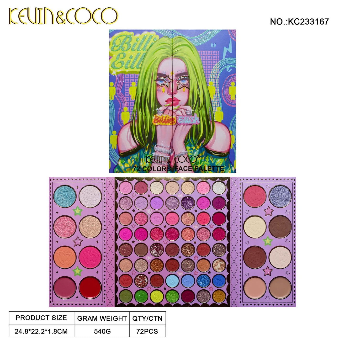KEVIN & COCO 72-color eyeshadow disc folding model, pearlescent matte earth color lasting European and American style