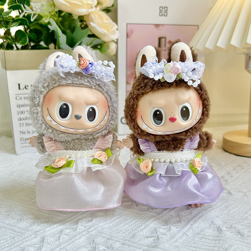 [Clothes only] 17cm pendant Labubu dress with double flower pearl strap skirt set labubu baby clothes.