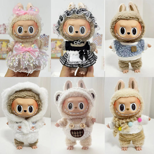 17Cm blind box rabub with white bear strap set circle smiley face shirt labubu pendant, cute clothes.