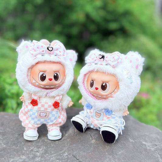 First and second generation keychain Labubu clothes pendant Labubu baby clothes cat hat + plaid overalls cute