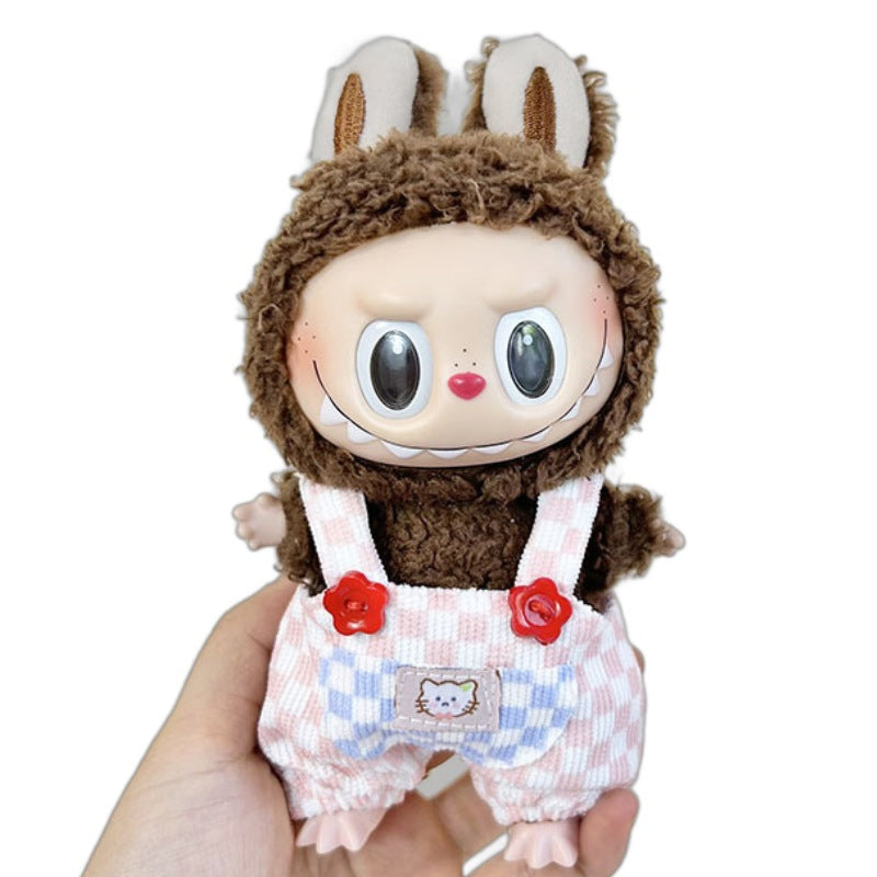 [Clothes only] 17cm blind box Labubu baby clothes keychain Labubu doll clothes pink and white plaid overalls cute