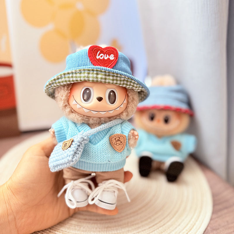 [Clothes only] One, two and three generations Labubu clothes pendant Labubu sitting baby clothes sky blue bear sweater set