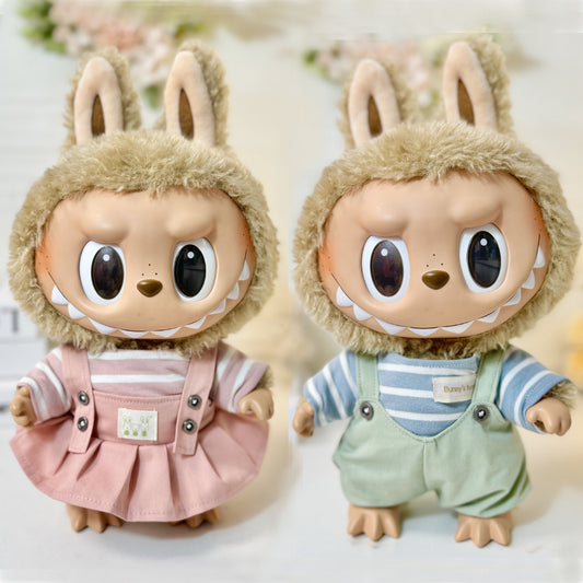 38Cm Labubu Vinyl Plush Doll Clothing Labubu Doll with Striped Pink Green Strap Couple Suit