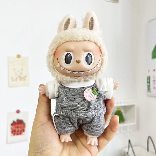 17Cm pendant, rabub clothes, premium gray sports wear, two-piece set, keychain labubu doll clothes, cute.