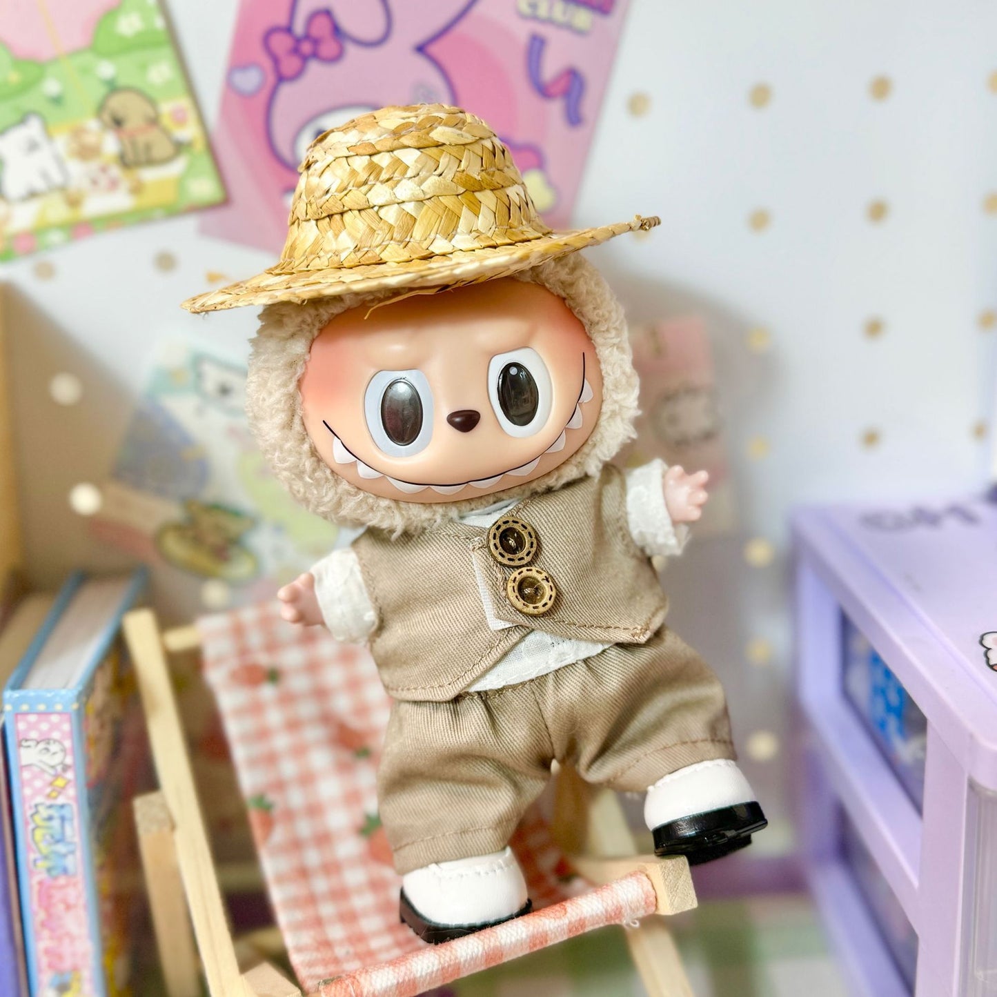 [Clothes only] 17cm Rab cloth pendant labubu keychain baby clothes pendant pastoral khaki four-piece set
