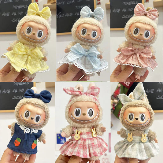 [Clothes only] 17cm pendant Labubu cloth for candy skirt + hairpin Labubu keychain baby clothes are cute and cute.