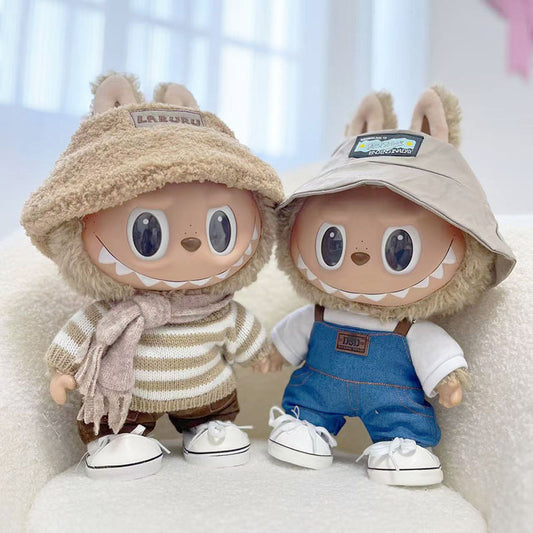 38Cm Labubu plush doll clothes for vinyl Labubu doll clothes coffee white striped sweater set