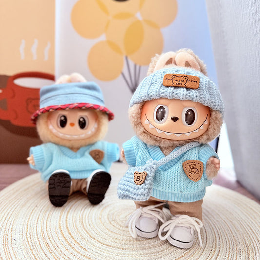 [Clothes only] One, two and three generations Labubu clothes pendant Labubu sitting baby clothes sky blue bear sweater set