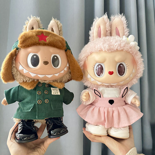 38Cm Labubu plush doll clothes Labubu doll MOKOKO Lei Feng coat rabbit ear strap skirt set