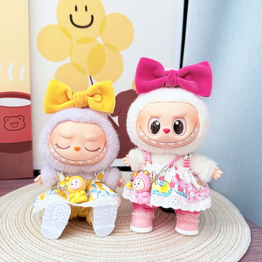 First, second and third generation Labubu clothes pendant Labubu sitting party baby clothes summer suspender skirt pink childhood clothes