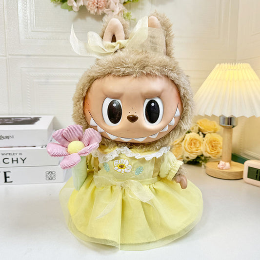 38Cm Labubu plush doll clothes for Labubu doll clothes spring yellow gauze skirt + flower set