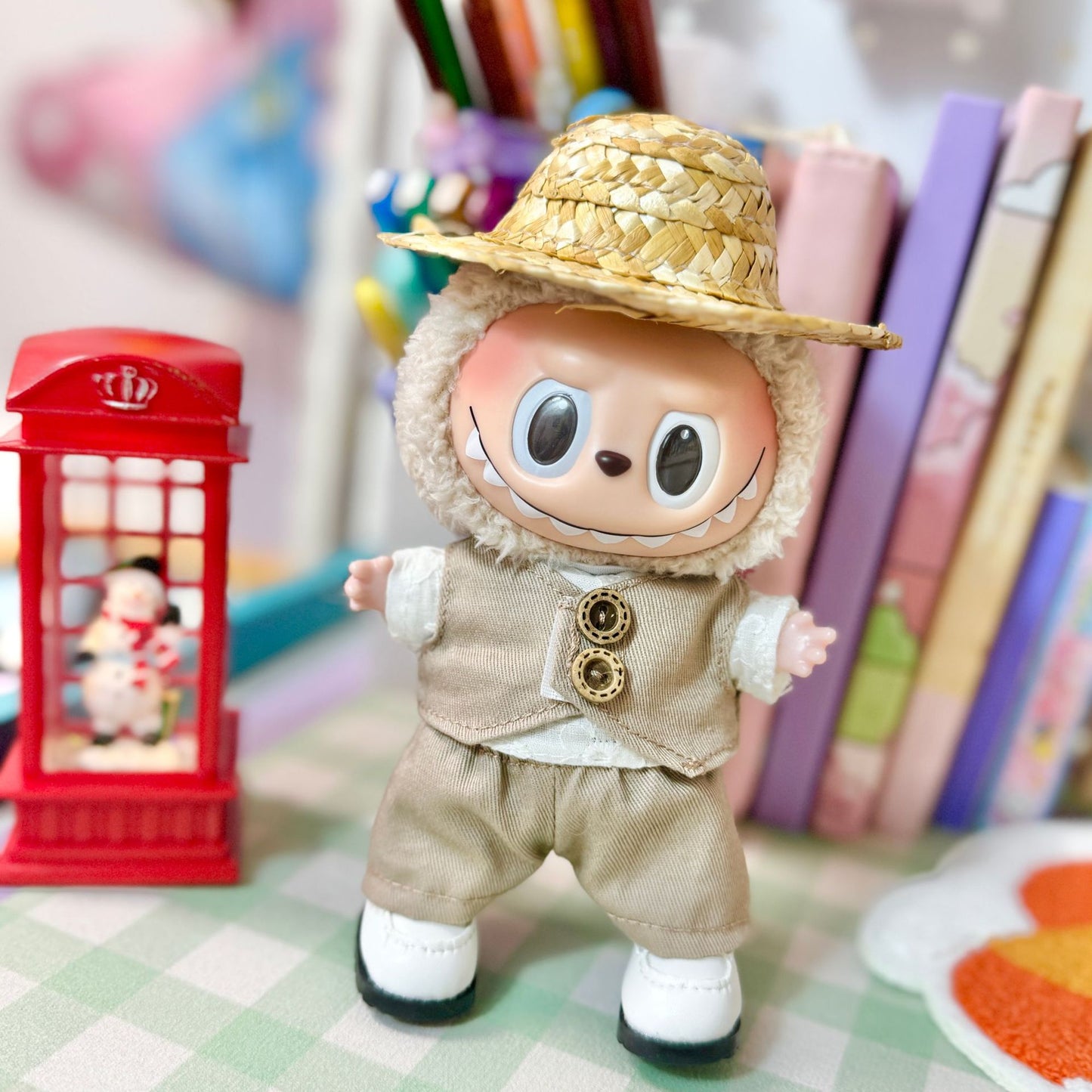 [Clothes only] 17cm Rab cloth pendant labubu keychain baby clothes pendant pastoral khaki four-piece set