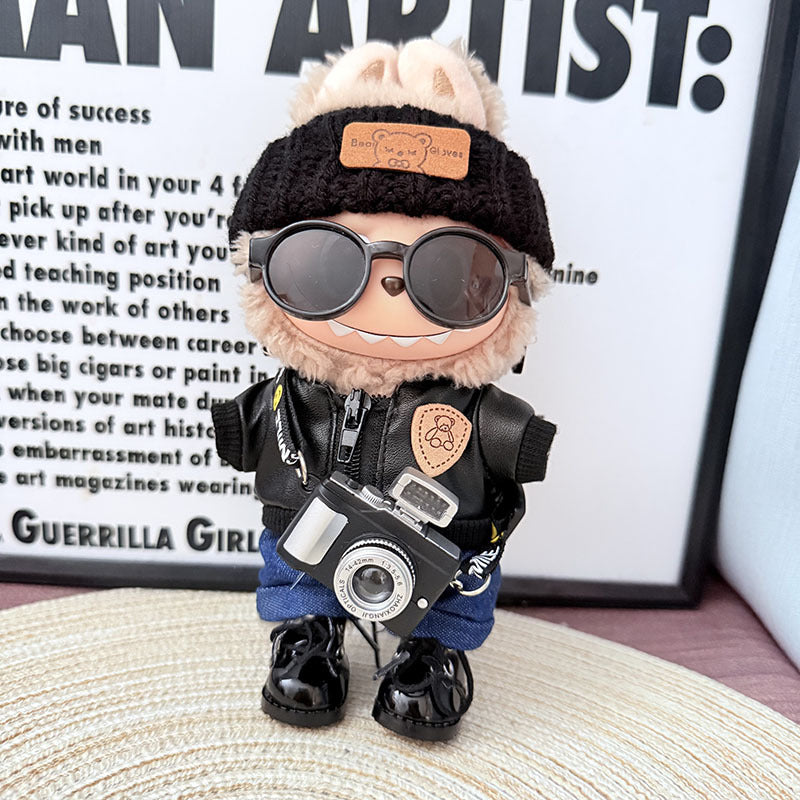 [Clothes only] 17cm Labubuwa clothes LABUBU blind box sitting party one two three generation bear brand black leather jacket