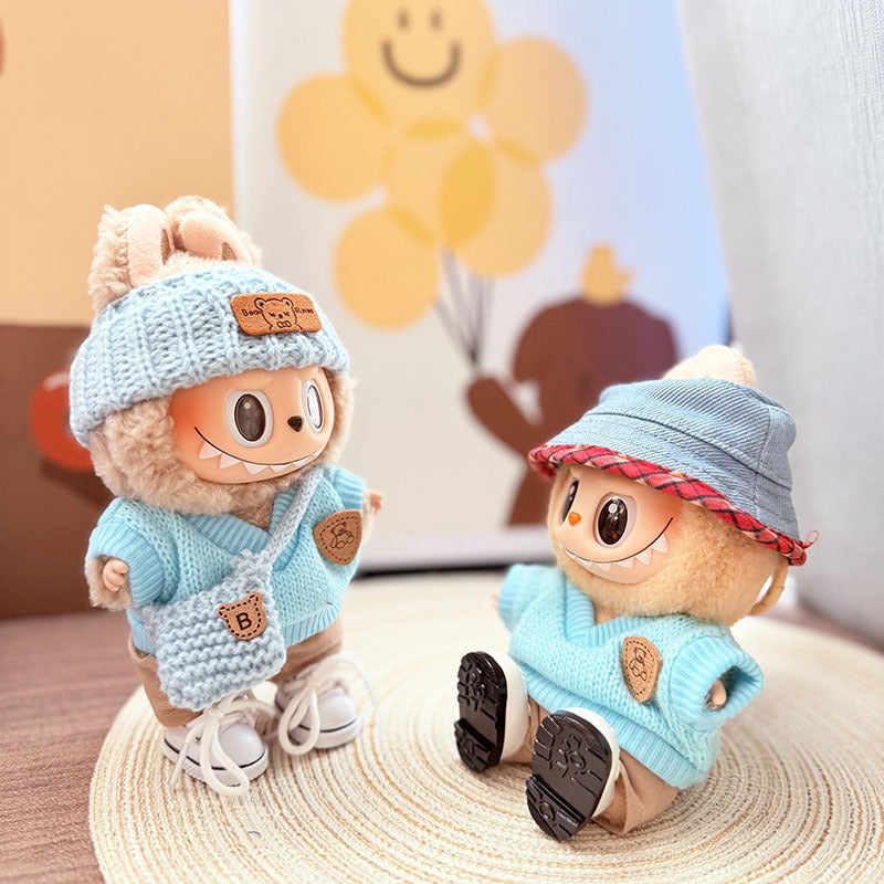 [Clothes only] One, two and three generations Labubu clothes pendant Labubu sitting baby clothes sky blue bear sweater set