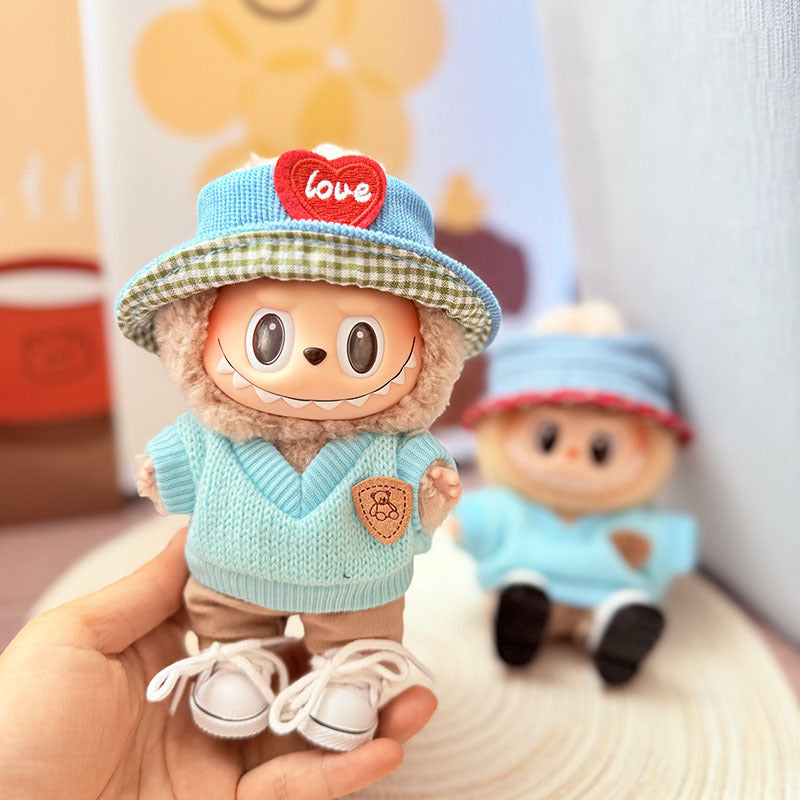 [Clothes only] One, two and three generations Labubu clothes pendant Labubu sitting baby clothes sky blue bear sweater set