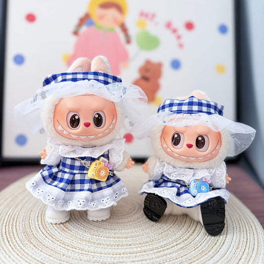 Clothes only] First and second generation Labubu clothes pendant Labubu cloth sitting baby clothes blue grid small pastoral skirt suit women