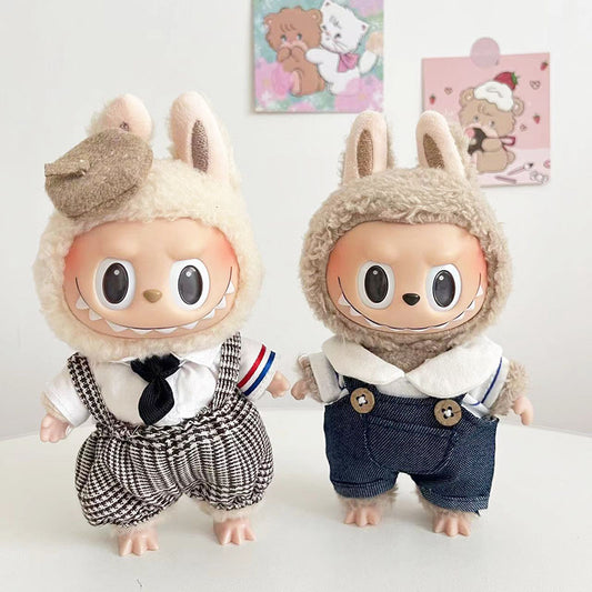 [Clothes only] 17cm pendant blind box Labubu clothes Labubu doll baby clothes thousand bird grid overalls set