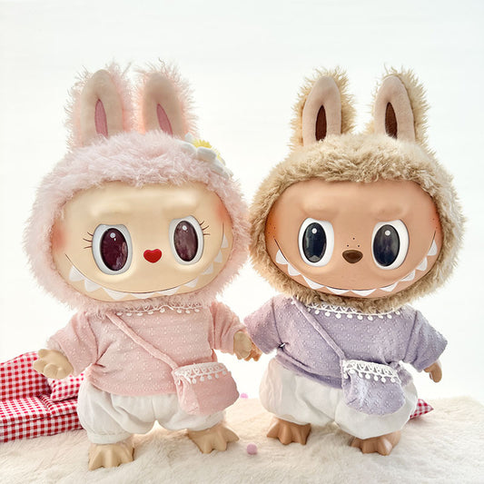 38Cm Labubu plush doll clothes for Labubu sweetheart doll baby clothes four-petal flower knitted three-piece set
